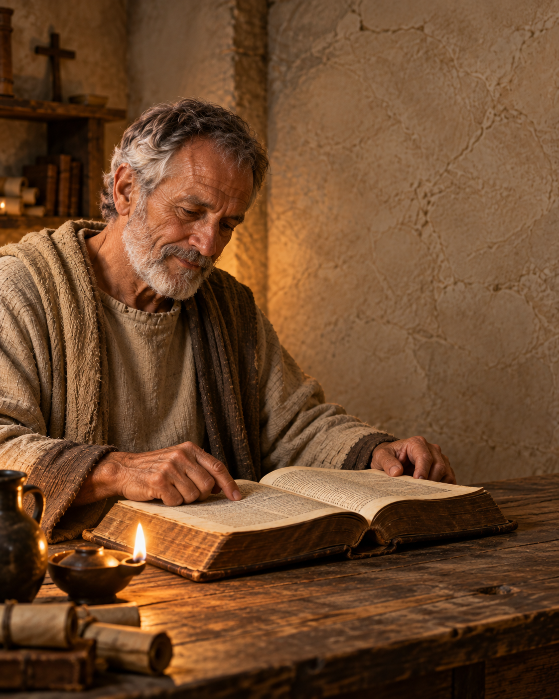 Illustration of Creed, an elder of the early church, reading an open Bible by lamplight